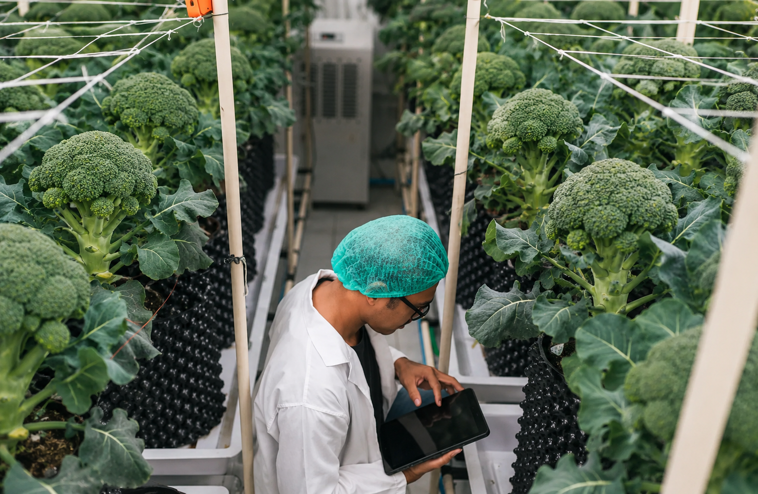 Mitarbeiter überwacht die Anlage per Tablet im Growraum